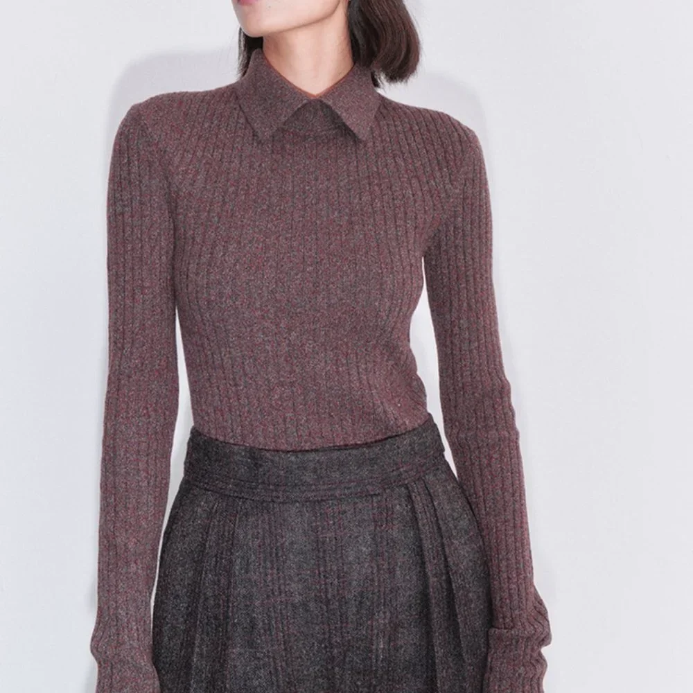 CHICJOC Retro Multi-Color Yarn Knit Sweater with Shirt Collar and Ribbed size 38